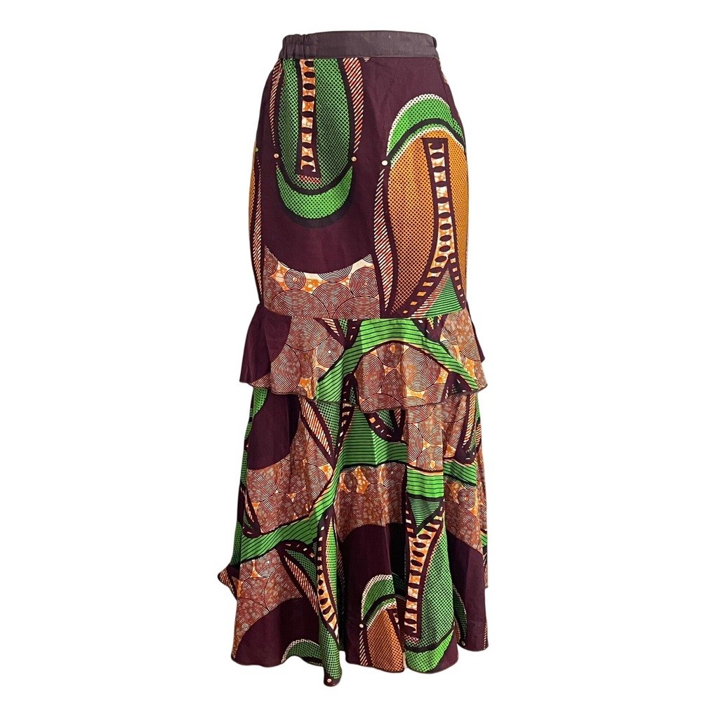 Ankara Maxi Skirt M Tall Lined Brown Tiered Ruffle African‎ Tribal Vibrant Maxi